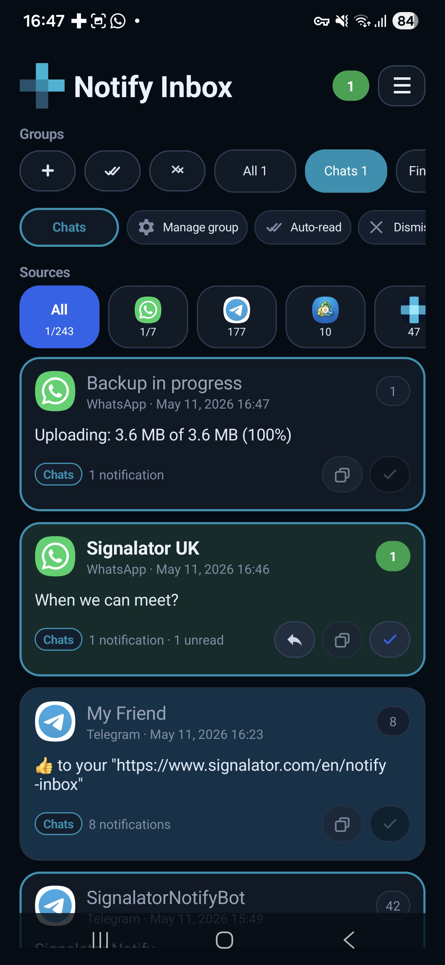 Notify Inbox main inbox with groups and sources