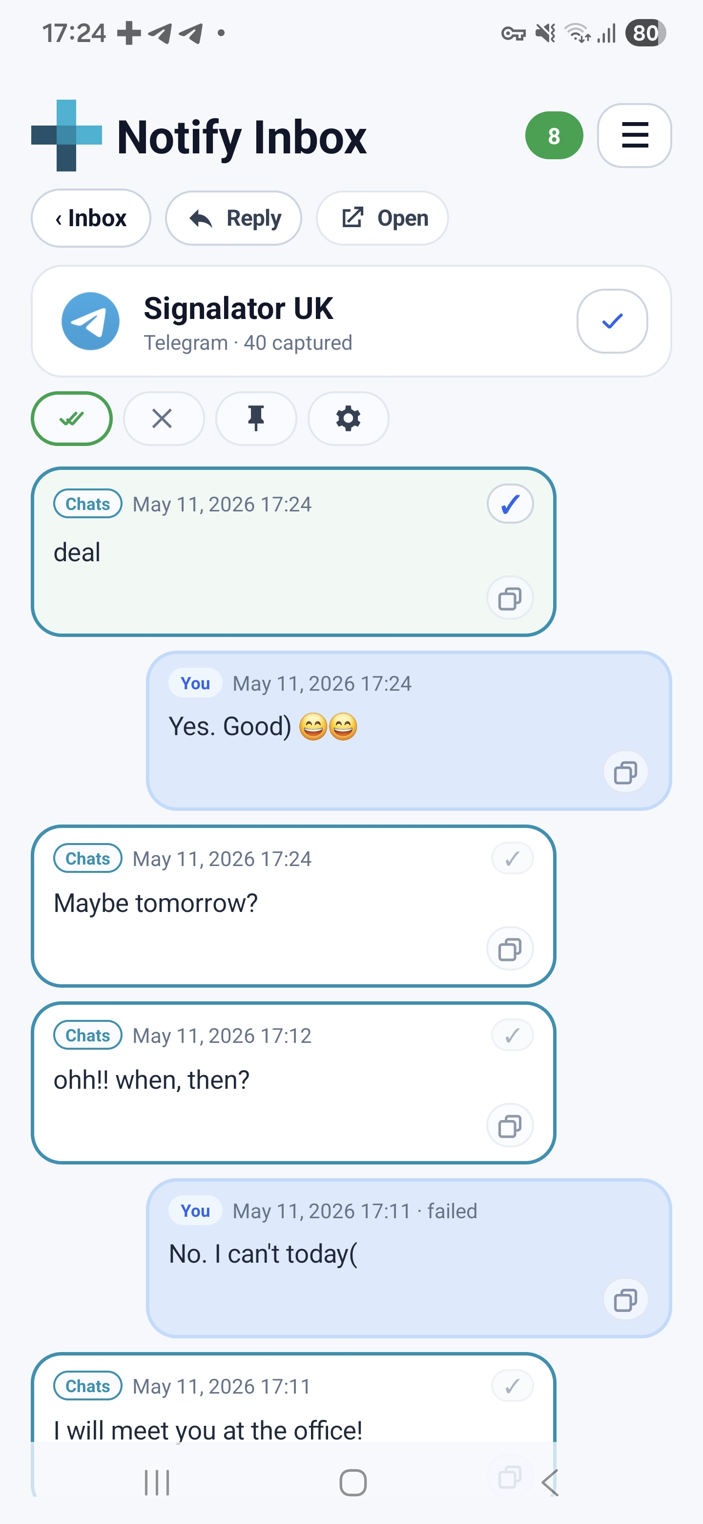Notify Inbox branch detail with grouped notifications and quick actions