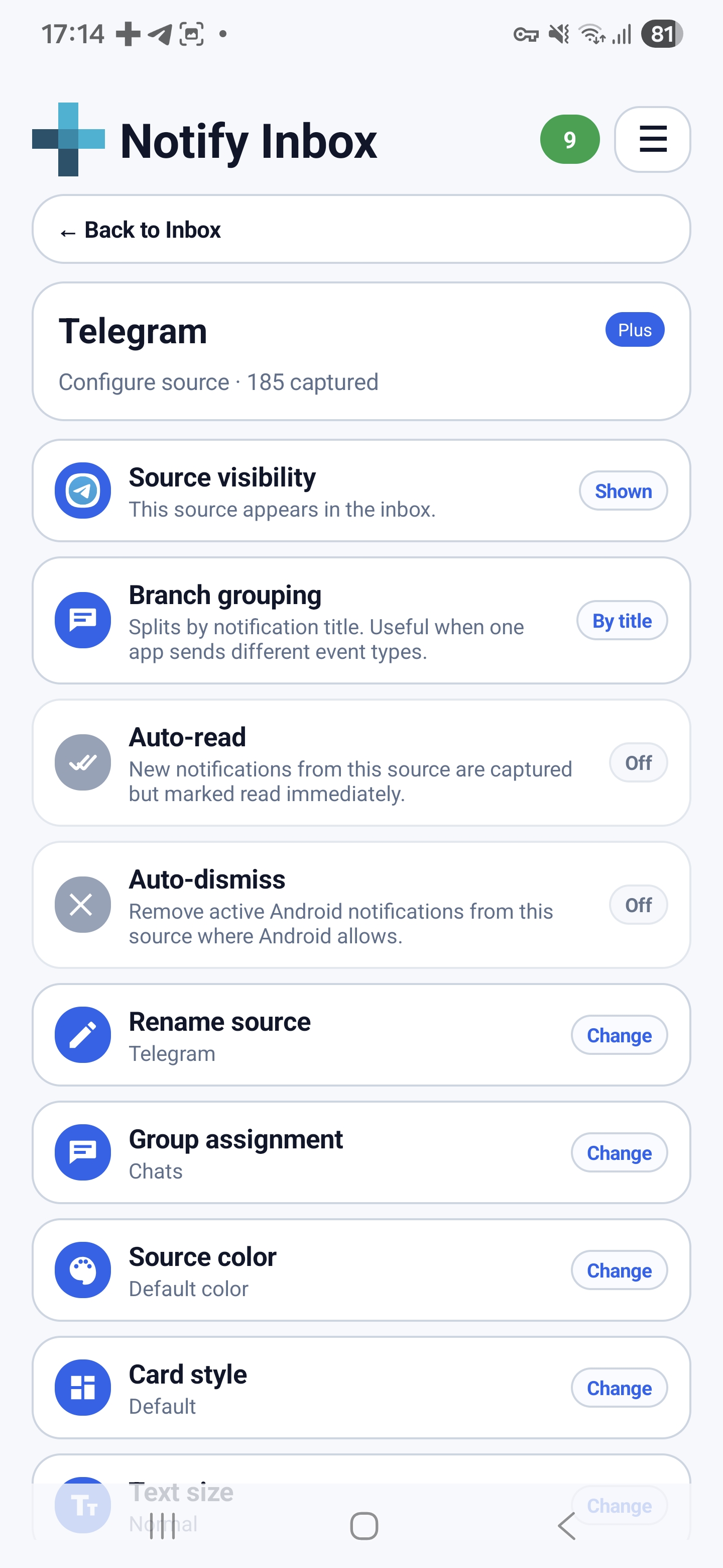 Notify Inbox source settings with per-source controls and automation
