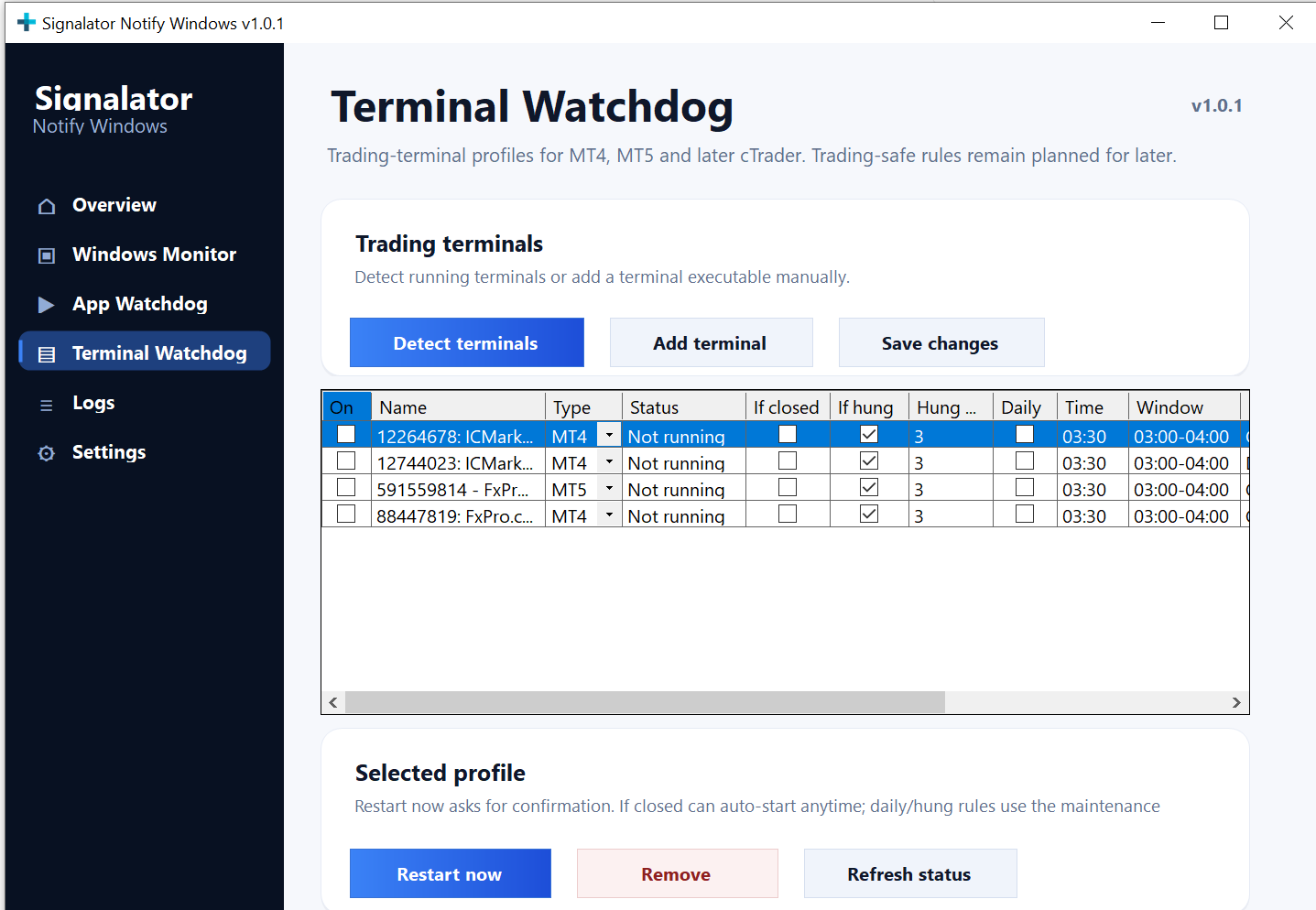 Signalator Notify Windows Terminal Watchdog screen showing terminal profiles, restart rules, status, and selected profile actions.